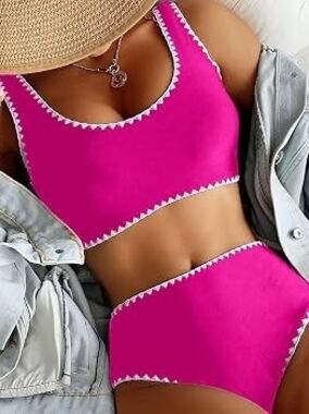 New Size XX Hot Pink Two-Piece Bikini Set with White Trim